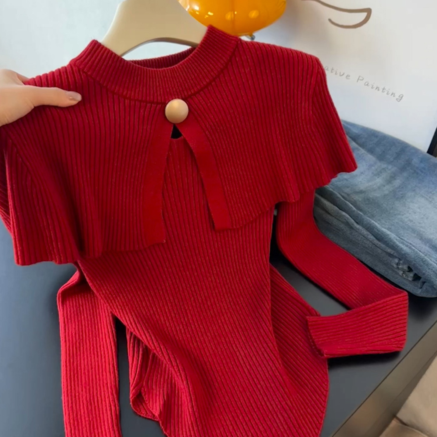 秋冬新年复古红色披肩针织衫女装