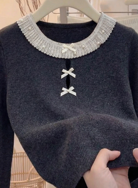 法式蕾丝蝴蝶结圆领针织衫女士2025秋冬季新款高级感气质显瘦毛衣
