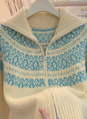 复古费尔岛提花高领针织开衫女2025秋冬季加厚宽松休闲毛衣外套