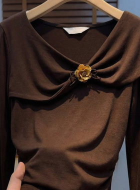 轻熟风设计感蝴蝶结斜领长袖t恤女秋冬季优雅气质内搭打底衫上衣