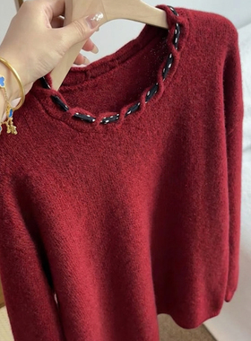 2026年秋冬季氛围感红色圆领毛衣女设计感慵懒宽松针织衫显瘦上衣