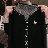 轻奢高级感假两件钉珠设计感长袖 t恤女秋冬款 黑色显瘦气质上衣潮