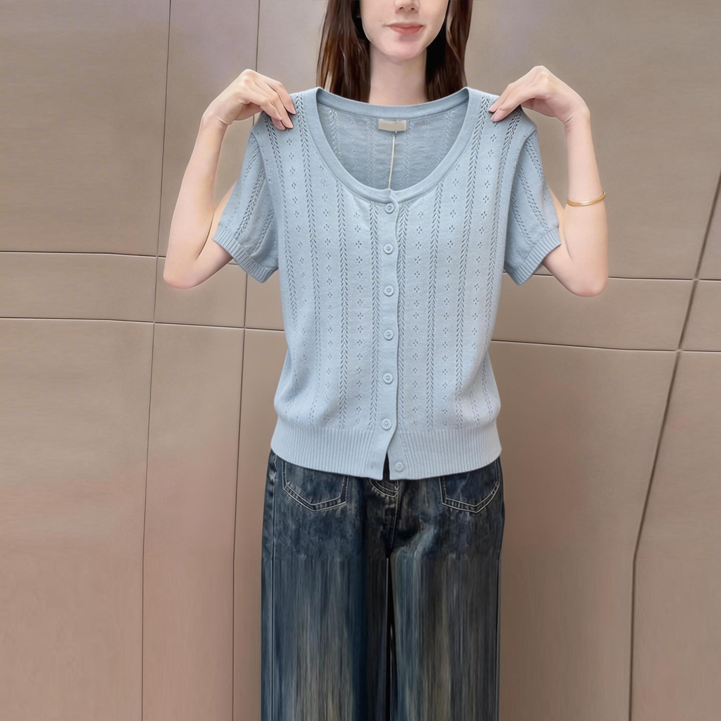 韩系简约浅蓝色低圆领短袖t恤开衫女装夏季新款休闲百搭漂亮小衫