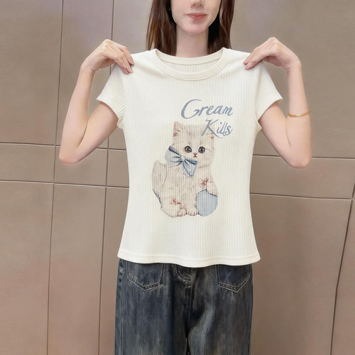 夏季新品可爱猫咪印花短袖t恤女