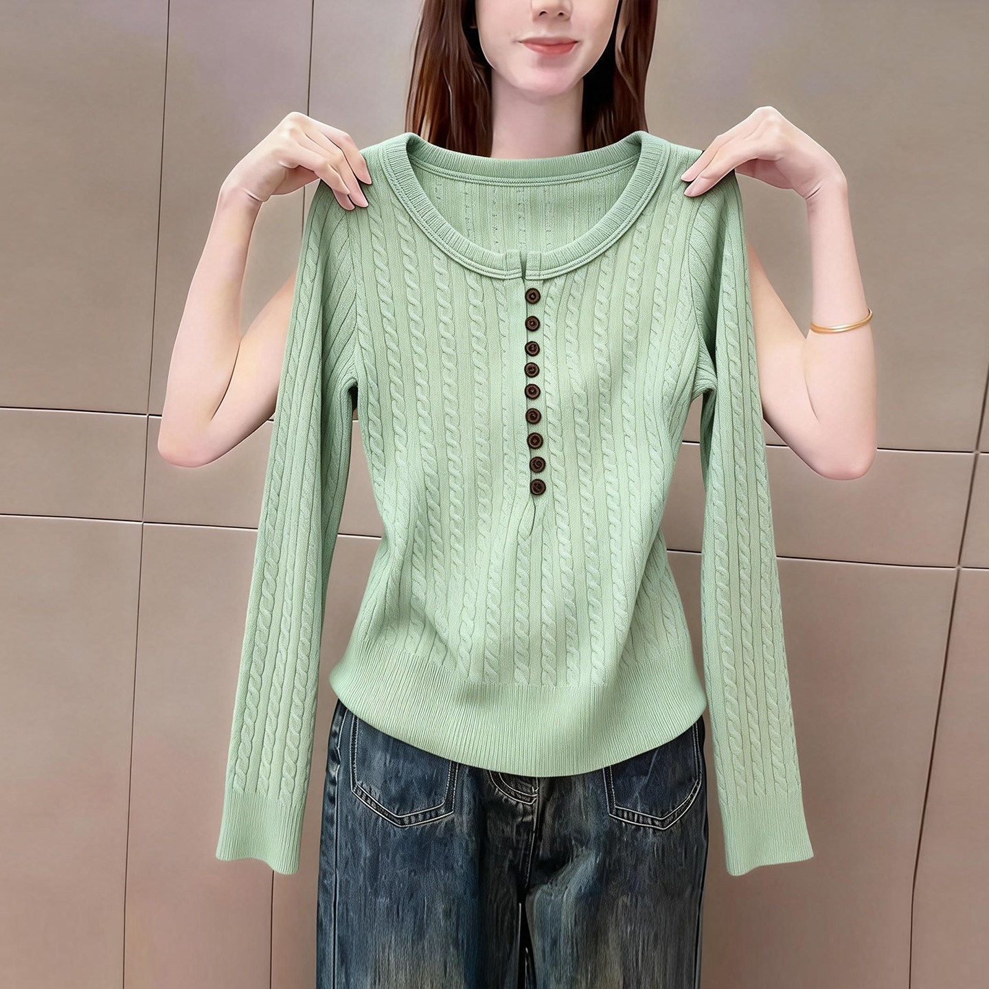 早春季新品绿色底圆领半开襟针织衫女麻花纹修身百搭休闲气质上衣,女装/女士精品,大码内搭,淘宝优惠券,粉丝福利购,淘宝优惠卷