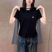 2026春季 t恤女小众潮流假两件休闲上衣ins 圆领长袖 新品 条纹拼接袖