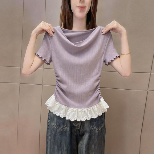 法式荷叶边当针织荡领短袖t恤女