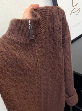 高级感老钱风双拉链麻花纹针织开衫女秋冬宽松慵懒风立领毛衣外套