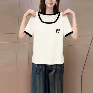 新品 简约蝴蝶结休闲上衣潮 t恤女2026夏季 小众高级感拼色方领短袖