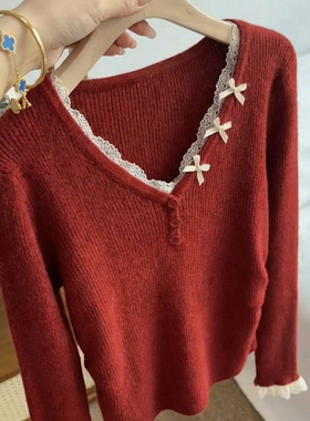 法式轻熟气质蕾丝拼接v领毛衣女2025秋冬红色蝴蝶结长袖内搭上衣