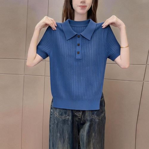 韩版polo领短袖针织衫女蓝色气质