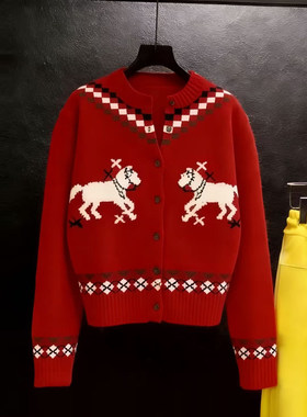 冬款2026新年马年本命年红色圆领针织开衫女洋气小马提花毛衣外套