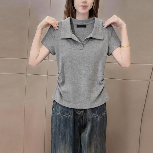 极简风纯色灰色翻领短袖t恤女装