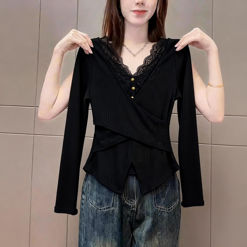 性感轻熟风蕾丝拼接v领长袖t恤女