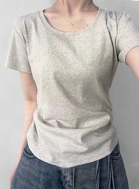 夏季新款美式正肩T恤女灰色收腰显瘦短袖修身辣妹打底内搭上衣夏