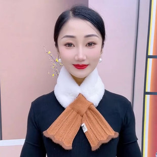 秋冬保暖围脖女款2026新款毛绒韩版百搭加厚御寒针织交叉脖套围巾