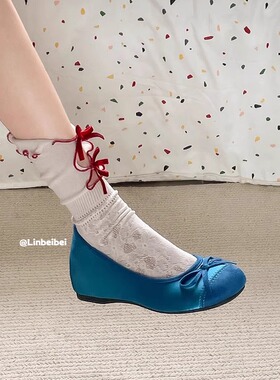 林北北蓝色浅口单鞋女新款复古鞋子芭蕾蝴蝶结平底鞋法式玛丽珍鞋