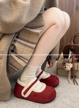 林北北爆款红色复古法式厚底加绒勃肯鞋女冬季保暖外穿防滑棉鞋