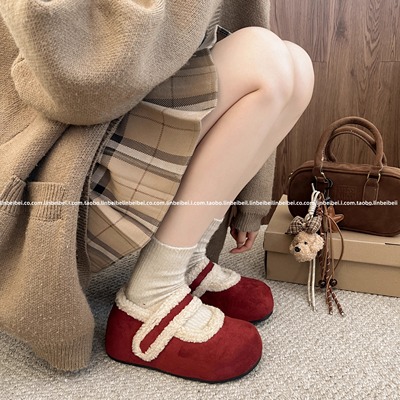 林北北红色加绒勃肯鞋女冬季