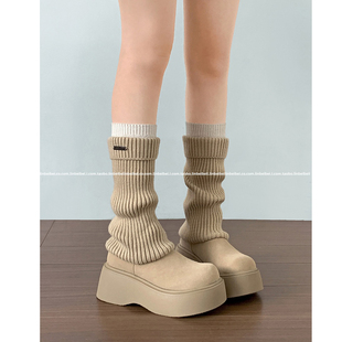 林北北增高厚底中筒雪地靴子女2025新款秋冬配裙子加绒弹力袜靴