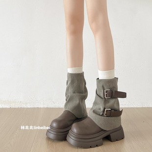 林北北粗跟马丁靴女款春秋季显瘦黑色复古英伦厚底增高裤管短靴子