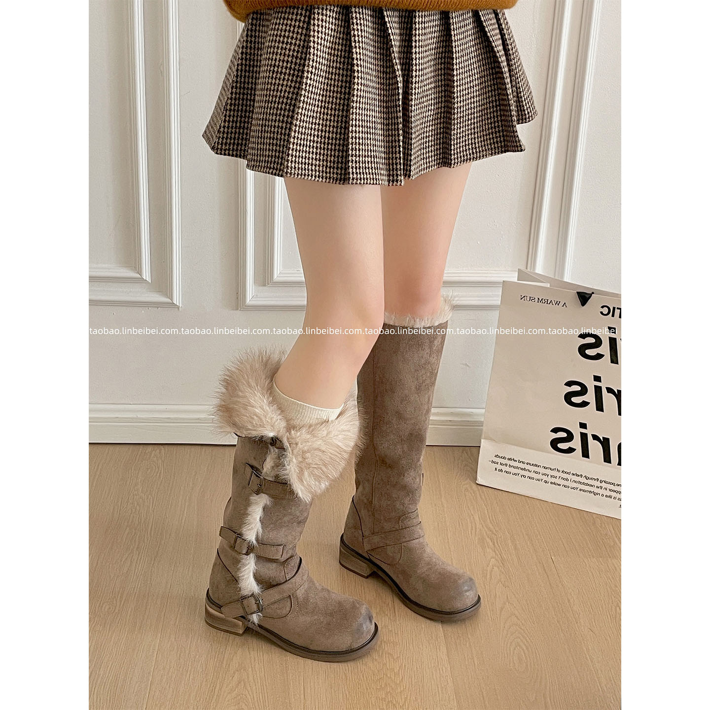 林北北粗跟厚底靴子棉鞋女