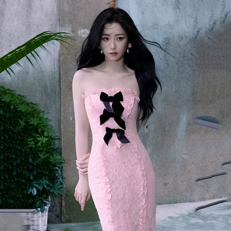 伊莉雅虞书欣同款粉色玫瑰蕾丝连衣裙 清新甜美高级感裙zx23005gn