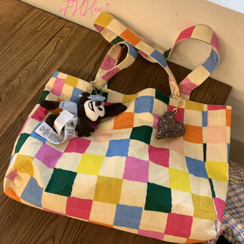 iFHHee 魔法棋盘格 趣味彩色 原创设计 大容量灯芯绒帆布袋托特包