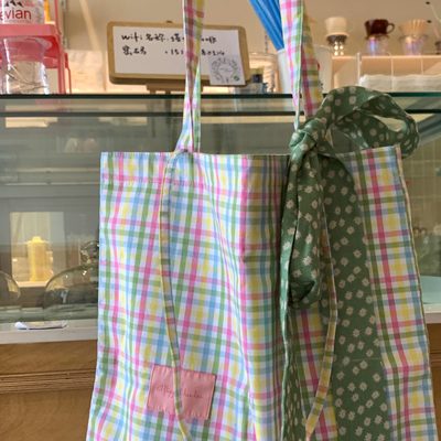 iFHHee青芒玫瑰小格子 100%棉原创设计 4根肩带单肩包帆布包