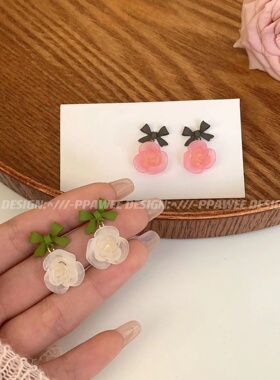 夏季绿色玫瑰花朵耳环冷淡风蝴蝶结耳饰女设计感小众温柔耳钉韩系