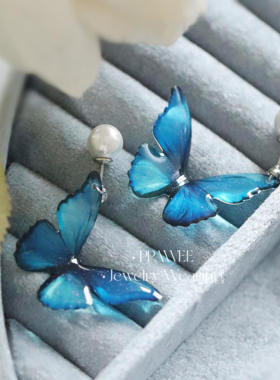 梦蝶翩翩|独特绝美仙气蝴蝶吊坠耳环清冷感蓝色耳饰国风珍珠耳钉