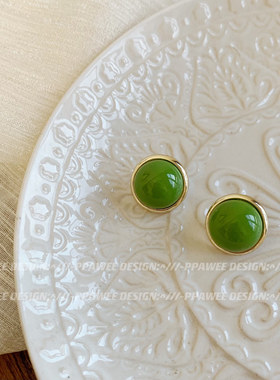 s925银针复古牛油果绿色法式简约耳钉港风圆形耳饰几何耳环女耳夹