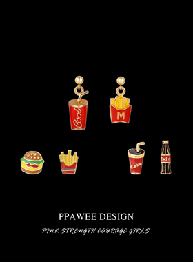 小巧精致薯条汉堡耳环ab款不对称可爱迷你耳钉卡通红色独特耳饰女