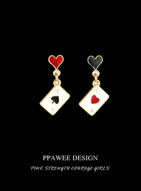 原创爱心扑克牌耳环女甜酷不对称925纯银耳钉防过敏蚊香盘耳夹