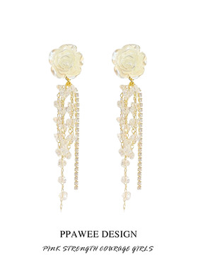 独特白色玫瑰花朵长款耳环流苏高级感2026新款山茶花耳饰法式耳钉