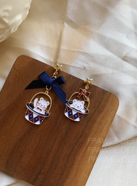 原创不对称可爱耳饰纯银星星小熊耳钉蓝色蝴蝶结耳环气质耳夹女