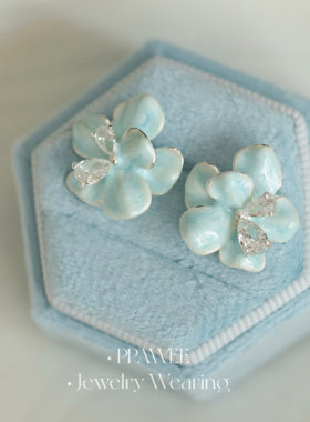 薄荷花语|气质蓝色花朵耳饰方圆脸夏天锆石耳钉高级小众独特耳环