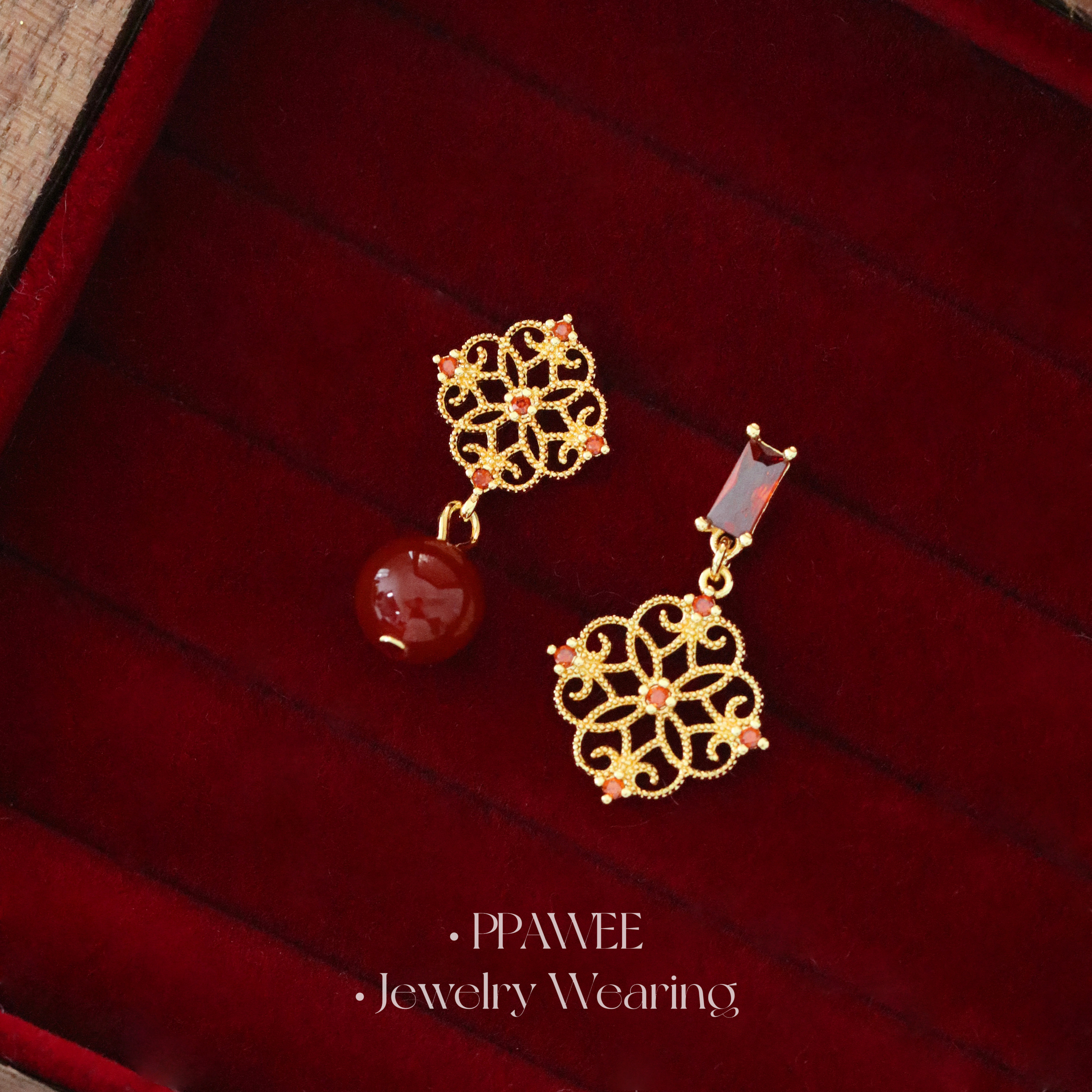 绯红花窗|新中式不对称红玛瑙耳饰女高级感国风复古耳环独特耳钉