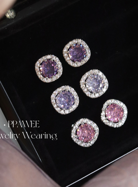 耀眼|紫色系爆闪方糖耳钉轻奢精致锆石耳环法式气质耳饰女高级感