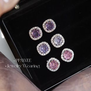 耀眼 气质耳饰女高级感 紫色系爆闪方糖耳钉轻奢精致锆石耳环法式