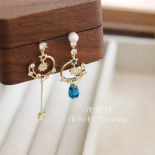 揽月星河|自制宝蓝琉璃珠星星月亮耳钉不对称耳饰女流苏耳环长款