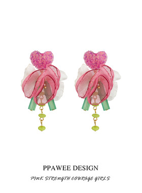 砂糖仙气玫红花朵耳饰彩色玉石爱心独特耳环高级夸张绿色花瓣耳钉