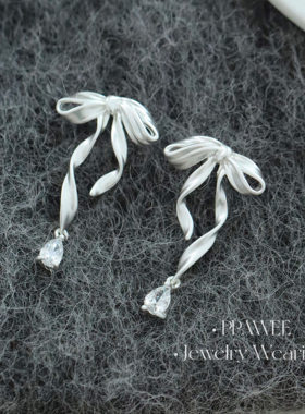 织梦|蝴蝶结丝带锆石耳钉银色气质独特吊坠耳环韩系长款流苏耳饰