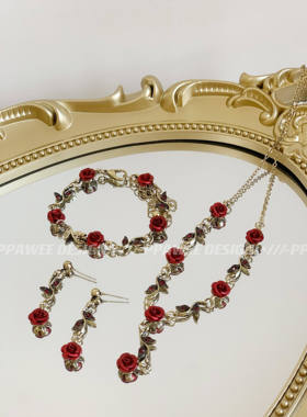 原创复古饰品玫瑰花项链法式小众锁骨链女高级感红色耳环手链套装