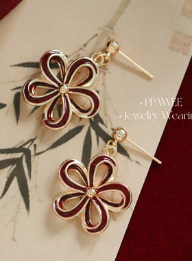 桃花源|安可拉红色珐琅花朵耳环过新年秋冬耳饰春节可爱甜美耳钉