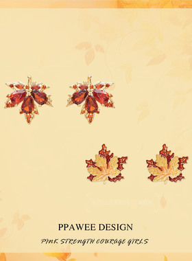 适合过新年戴的璀璨枫叶锆石耳钉银针法式复古水晶耳环红色耳饰女