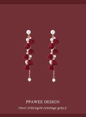 冬日一抹新年红色植绒铃兰花朵耳饰秋冬新娘汉服耳环过年结婚耳钉