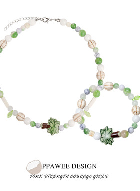 海边度假风椰树颈链夏日绿色串珠项链小众设计感可爱陶瓷森系手链