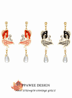 国潮甜酷红色锦鲤古风耳饰2026新款流苏新年长款耳环日系耳钉可爱