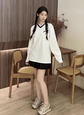 DILAN  美式V领运动设计感正肩蝴蝶结球衣长袖t恤早秋上衣